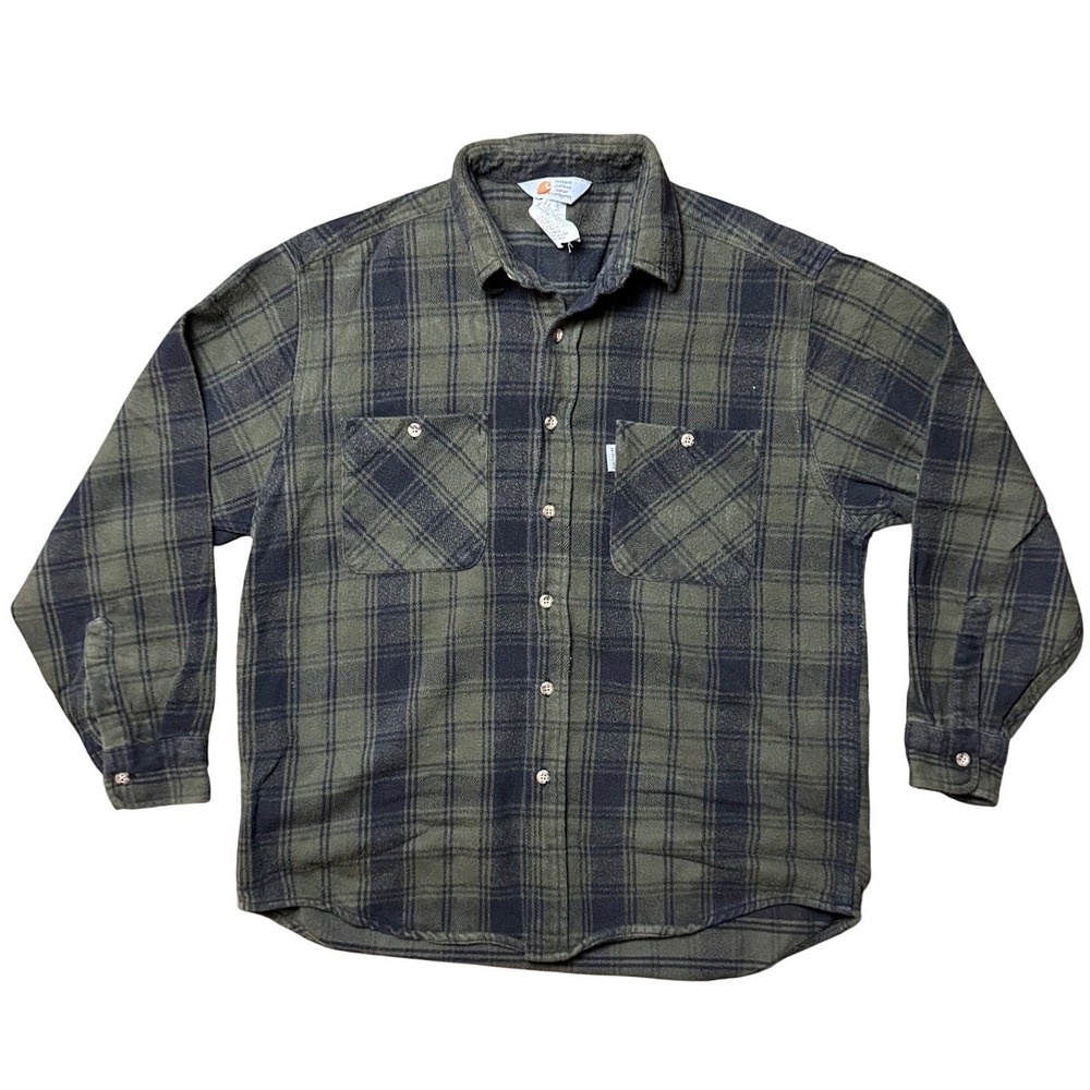 Carhartt Mens Plaid Flannel Shirt Olive Green Black S57AST Large Regular Cotton